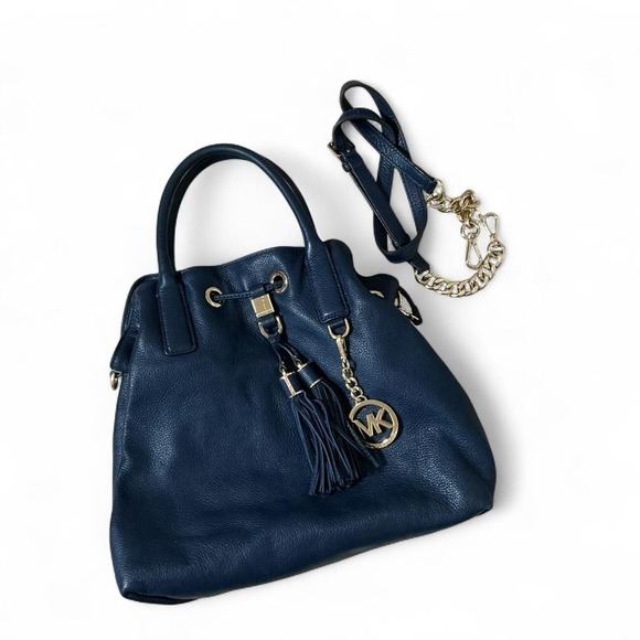 Michael Kors Blue Leather Satchel Bucket Bag Gold Hardware Charm Detail - Picture 1 of 4